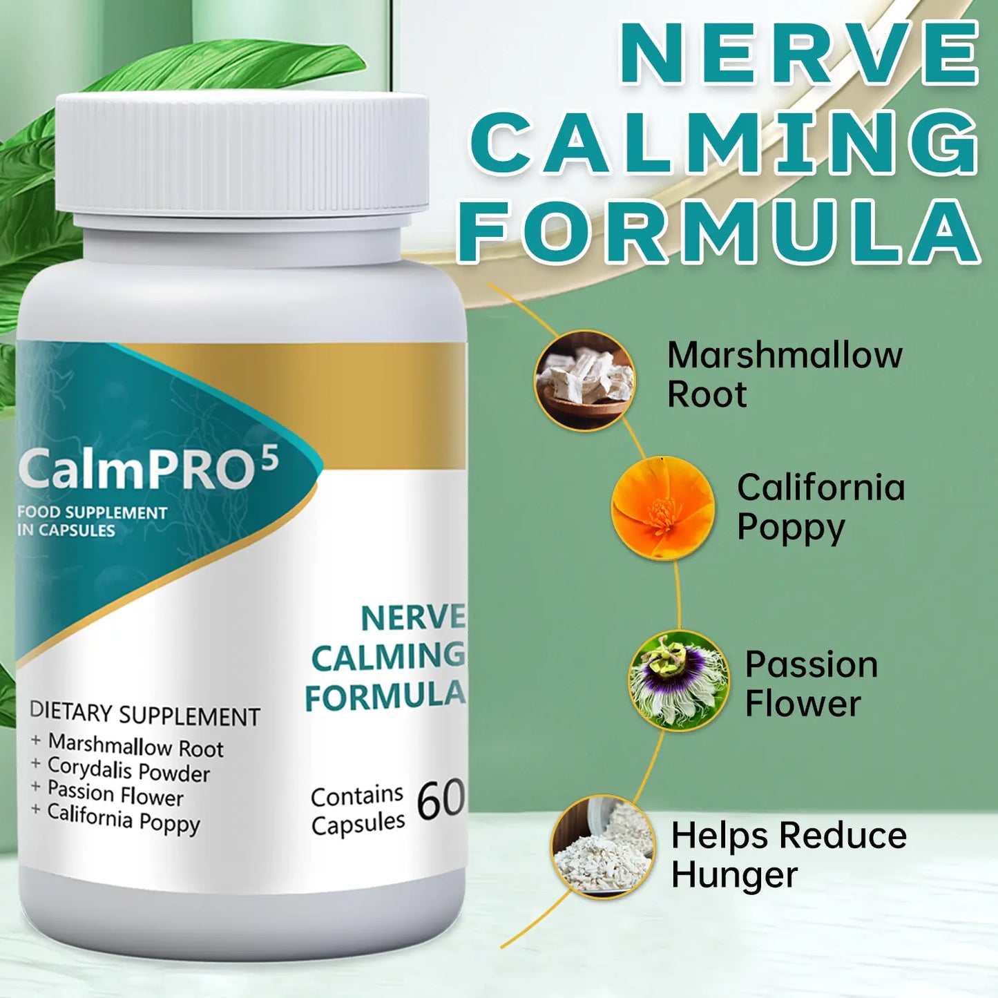 CalmPRO5 Nerve Calming Formula Capsules: All Natural Stress & Sleep Aid (60ct) - WISHCA