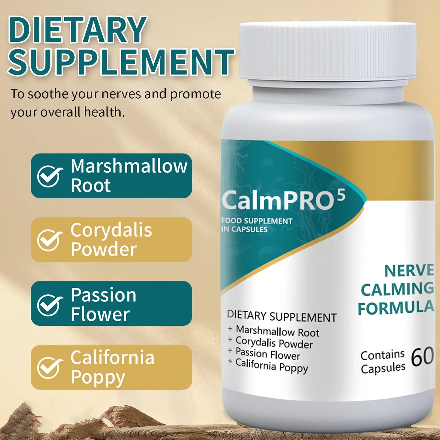 CalmPRO5 Nerve Calming Formula Capsules: All Natural Stress & Sleep Aid (60ct) - WISHCA