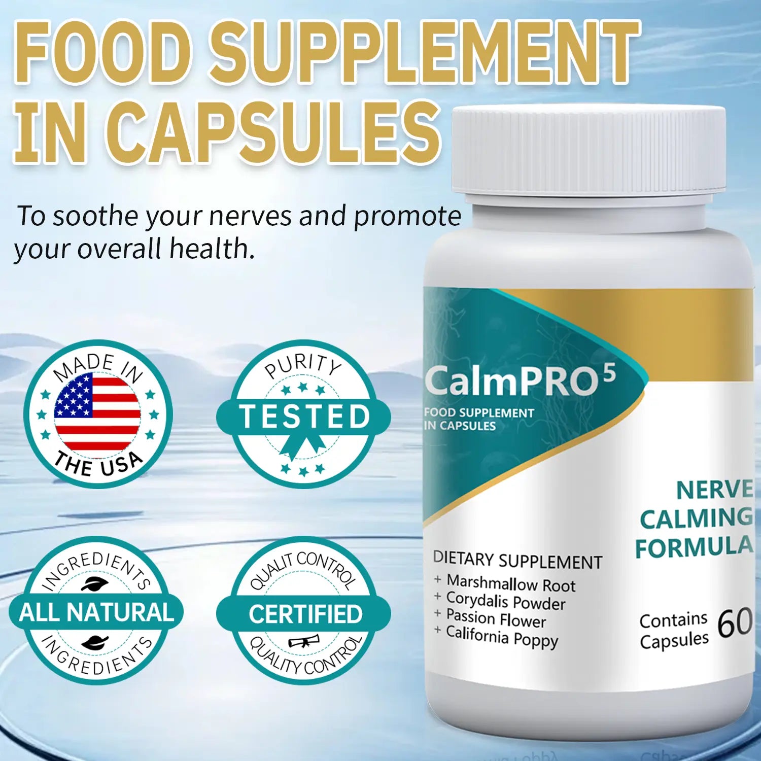 CalmPRO5 Nerve Calming Formula Capsules: All Natural Stress & Sleep Aid (60ct) - WISHCA