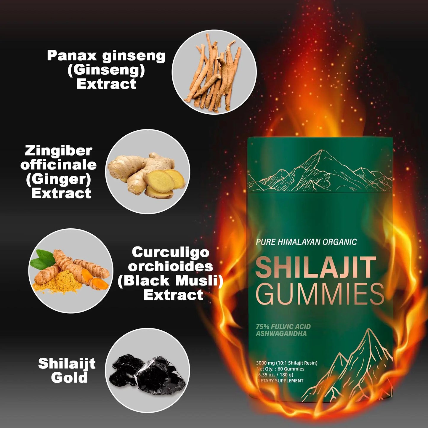 WISHCA | Gold Standard Shilajit Gummies | 75% Fulvic Acid & Ashwagandha | Pure Energy from the Himalayas(60ct)