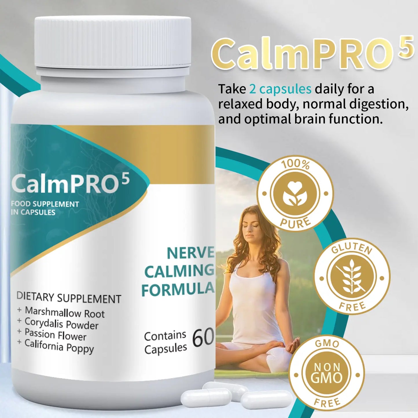 CalmPRO5 Nerve Calming Formula Capsules: All Natural Stress & Sleep Aid (60ct) - WISHCA