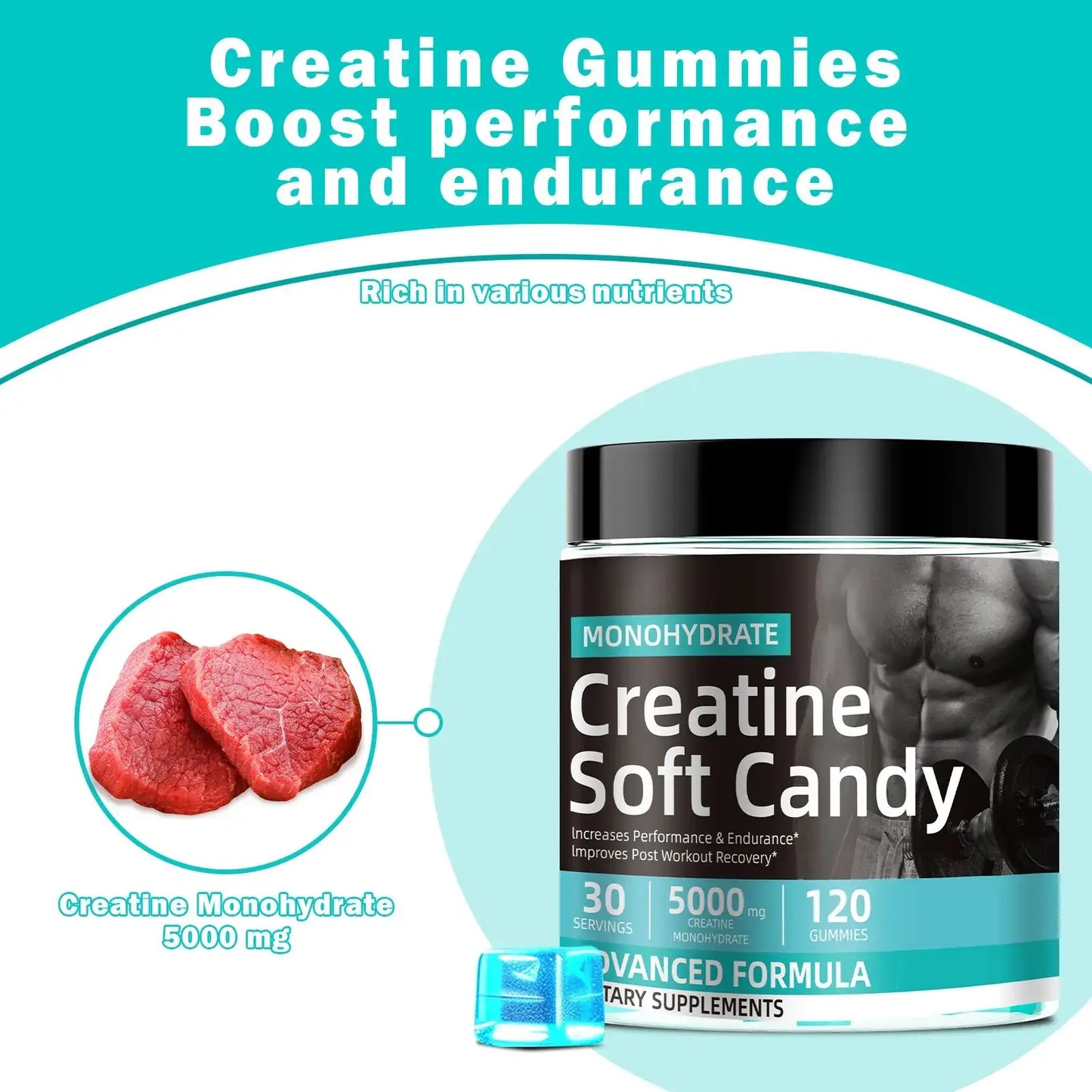 WISHCA Creatine Gummies 5000mg: Muscle, Energy & Recovery (120 Count)
