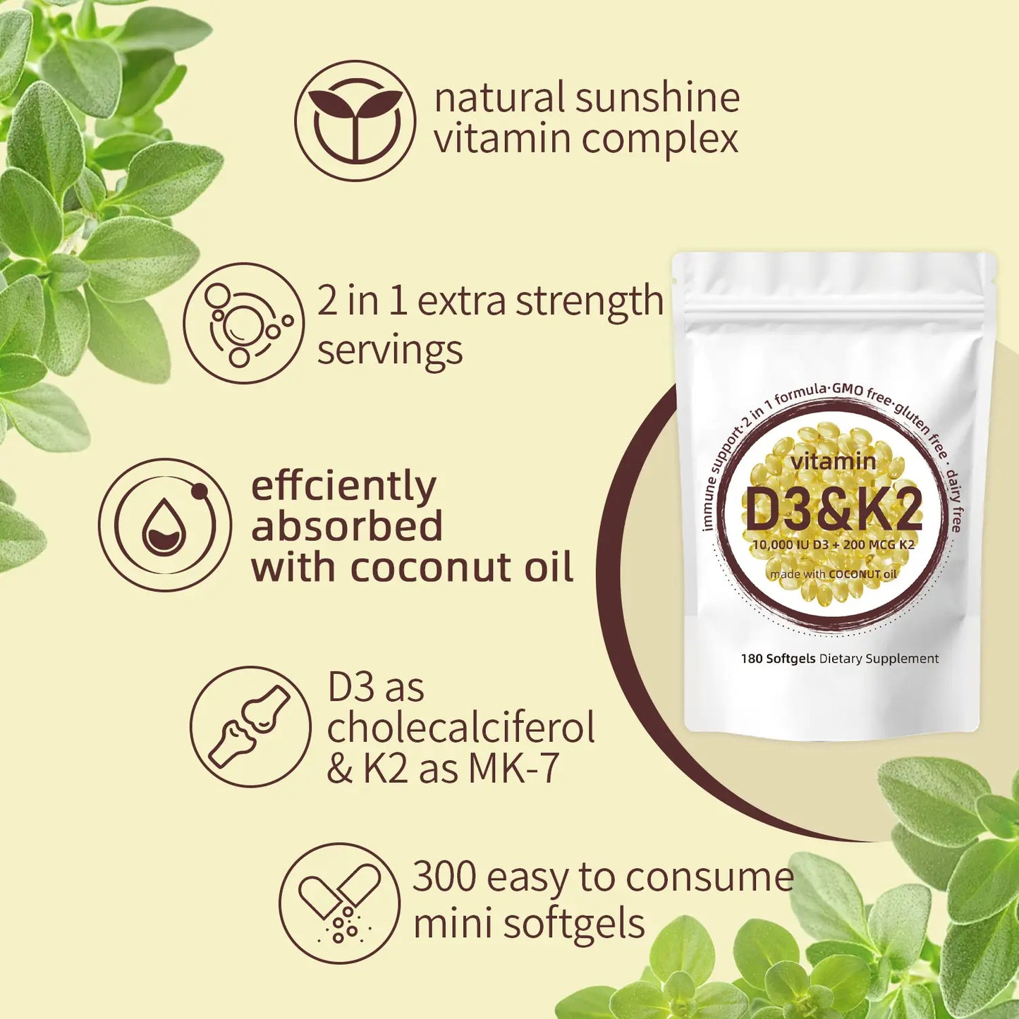 WISHCA Premium Vitamin D3 & K2 Softgels: Optimal Bone & Immune Support with MK-7 and Coconut Oil(180ct)