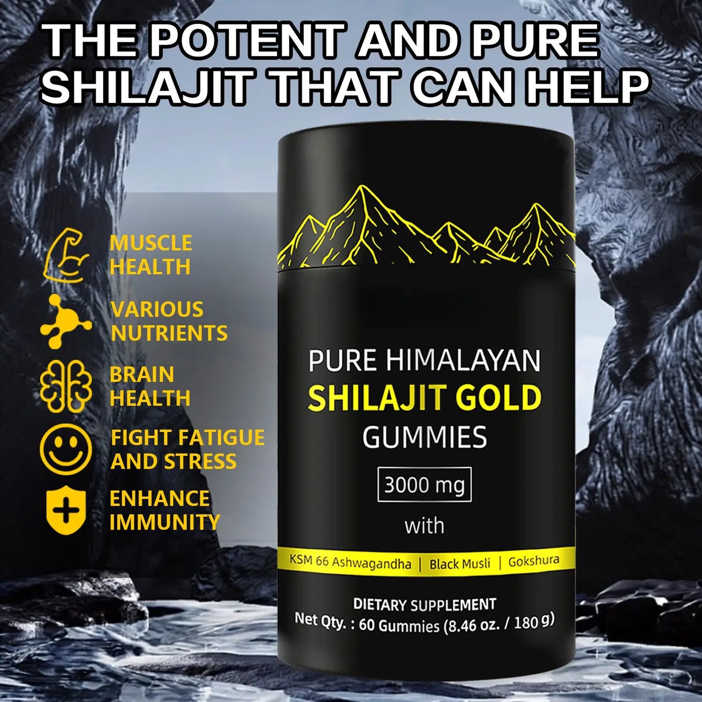 WISHCA Himalayan Shilajit Gold Gummies: Boost Energy & Stamina - With Fulvic Acid & Minerals (60ct)